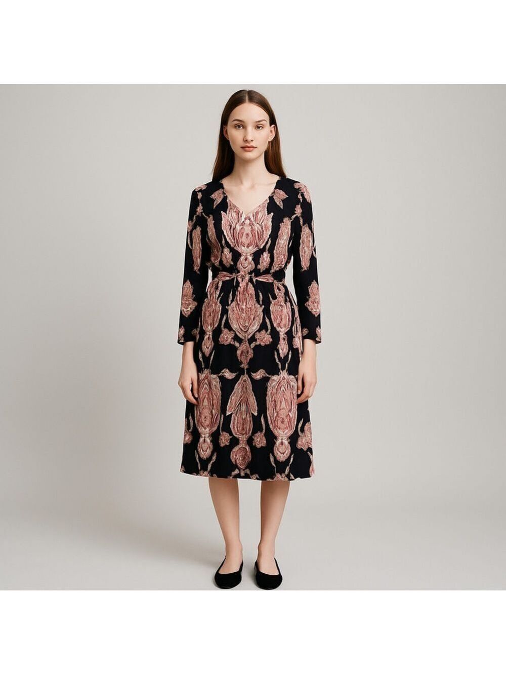 Madison V-neck Long Sleeve Dress Pink Tan Black Pattern